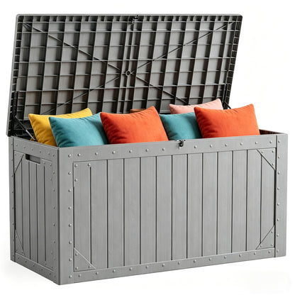 MAKE CHANGES Outdoor Storage Box, 95 Gallon Deck Box Outdoor Storage Bench, Outside Waterproof Resin Storage Bench, Lockable Patio Cushions, Garden Tools Storage for Furniture, UV Resistant (Gray)