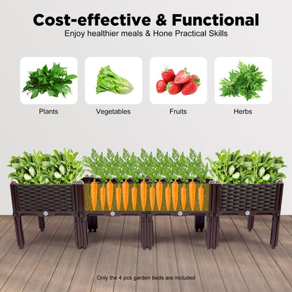 Gdrasuya10 Set of 4 Raised Garden Bed for Outdoor Plant, Elevated Planter Boxes Stand with Legs, Herb Flowers Vegetables Plastic Planter Box for Patio Yard Balcony, 15.3", Brown