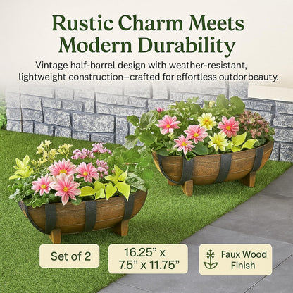 Rustic Half Barrel Planters – Set of 2, Faux Wood Outdoor Flower Pots with Drainage Hole & Feet, Weather-Resistant Polypropylene Garden Containers, 16.25" x 7.5" x 11.75"