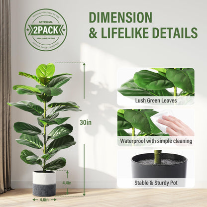 Suntee 2 Pack Artificial Fiddle Leaf Fig Tree, 30" Ficus Lyrata Fake Plants with Pots, Floor Plant Outdoor Faux Plants for Living Room, Corner, Office, Patio, Windowsill Decor