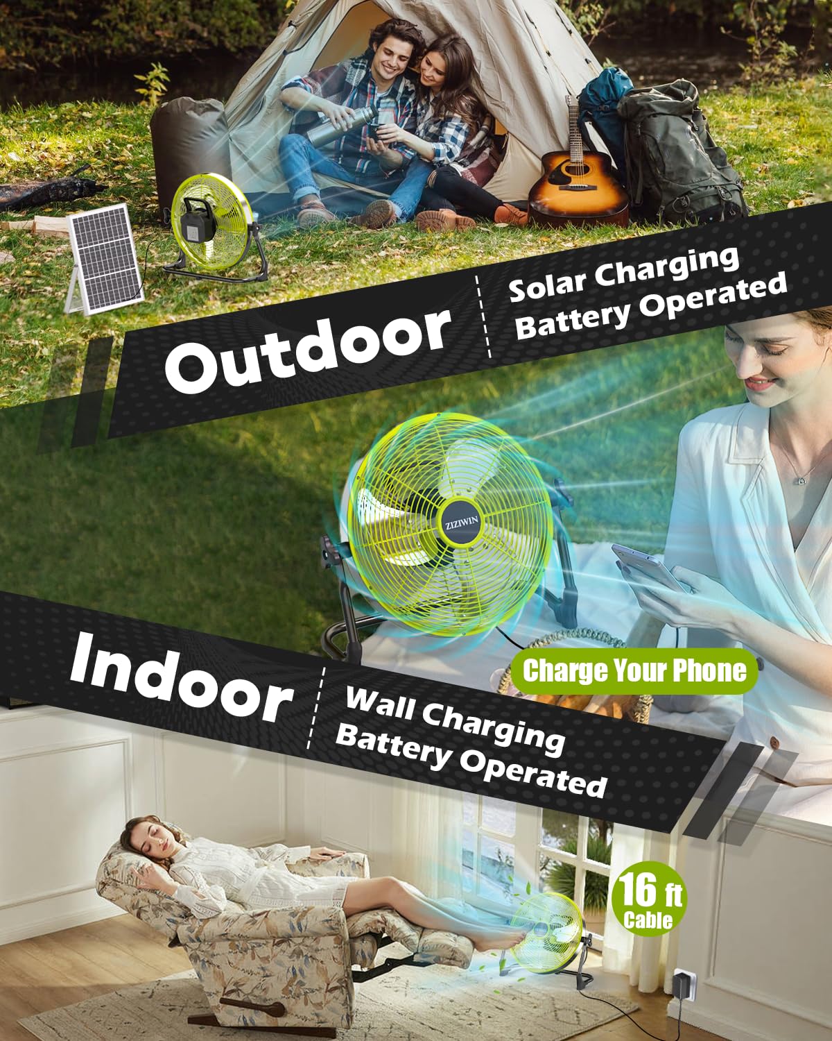 ZIZIWIN 18" Solar Fan, 35W Solar Powered Cordless Greenhouse Fan with Rechargeable Battrey, Portable, 360° Tilt, 8~60H Runtime, for Outdoor Camping Gazebo Chicken Coop Patio Travel Shed Barn