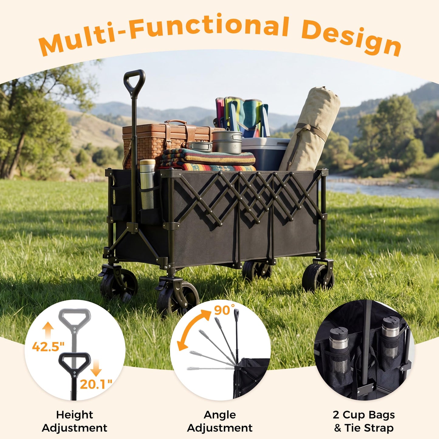 NEWBULIG Foldable Wagon Cart, 440LB Heavy Duty Collapsible Wagon with Extra-Long Storage, All-Terrain Wheels, Portable Utility Wagon for Groceries, Camping, Sports, Beach, Garden, Black
