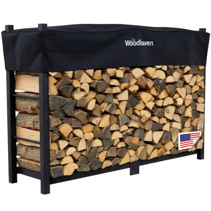 Woodhaven 6 Foot Black - Heavy Duty Made in the USA - Outdoor Cord Firewood Storage Log Rack With Seasoning Cover Set - Metal Firewood Rack With UV-Stable Powder Coat