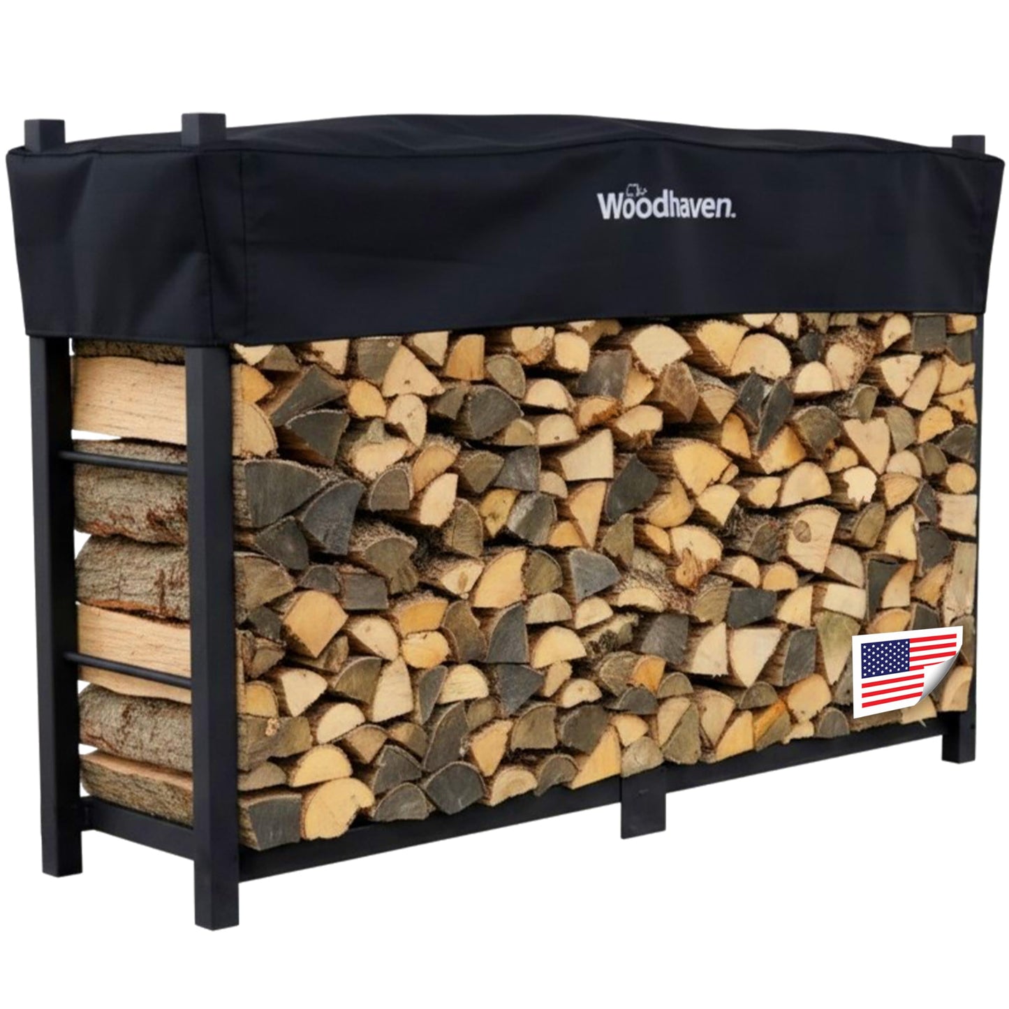 Woodhaven 6 Foot Black - Heavy Duty Made in the USA - Outdoor Cord Firewood Storage Log Rack With Seasoning Cover Set - Metal Firewood Rack With UV-Stable Powder Coat