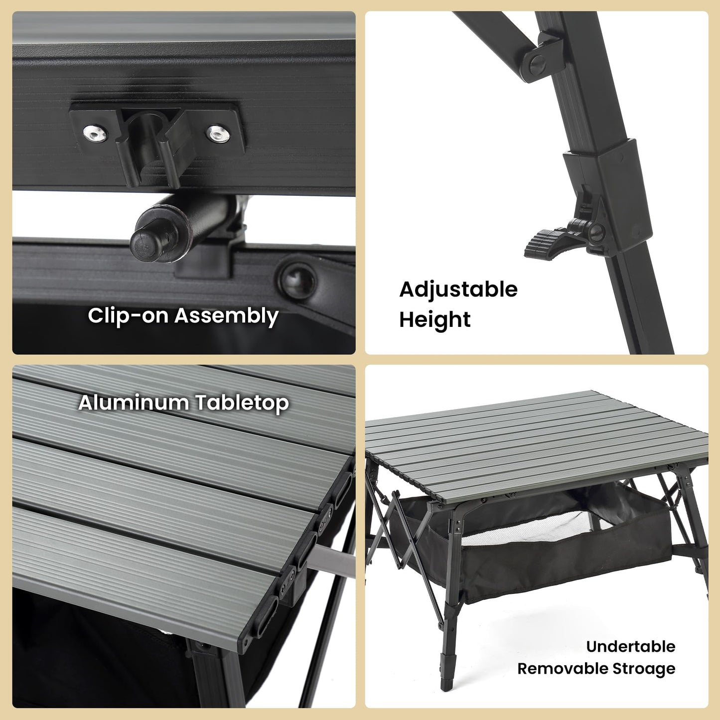 ARROWHEAD OUTDOOR 39" Aluminum Folding Camp Roll Up Table w/Adjustable Height, Undertable Mesh Storage, Carry Bag