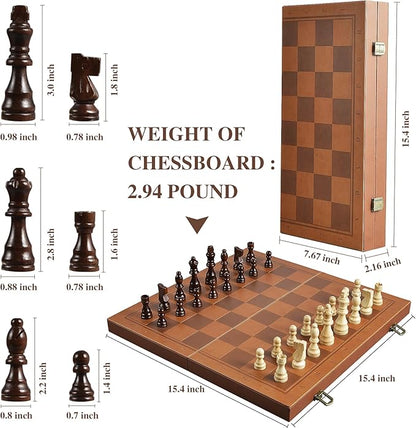Magnetic Chess Set for Adult Kid 15.4 Leather Chess Board with Handmade Chess Piece Including 2 Extra Queens and Storage Slot Folding Portable Travel Chess Game for Beginner and Professional