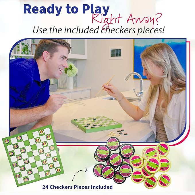 Project Genius: Sushi Checkers - Game &amp Sushi Making Set Folding Bamboo Game Board 24 Checkers &amp Chopsticks Set Adults &amp Kids Ages 8+ 2 Players