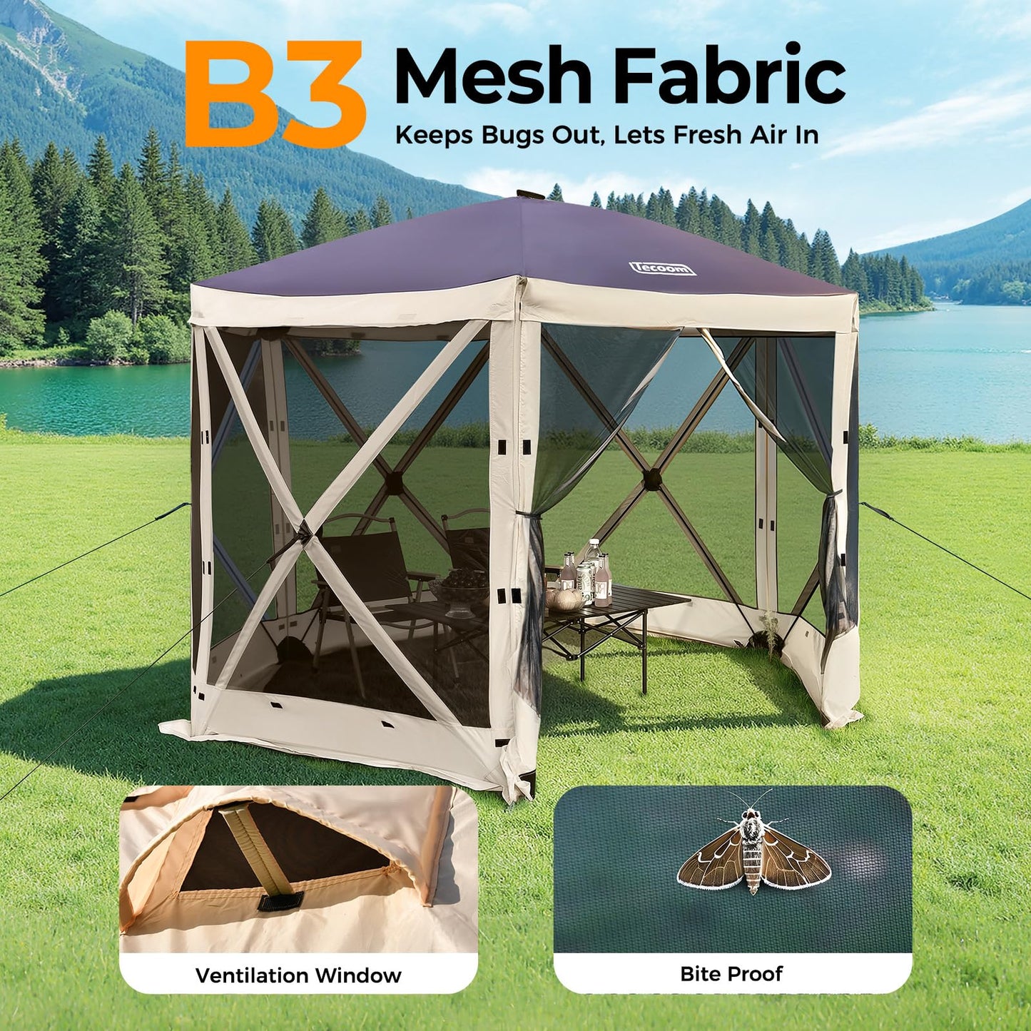 Tecoom 6-Sided Pop Up Gazebo Tent, Screen House with Mosquito Netting Canopy for Camping, 10x10ft Portable Sun Shelter Removable Siedwalls for Outdoor, Garden, Activities, Khaki