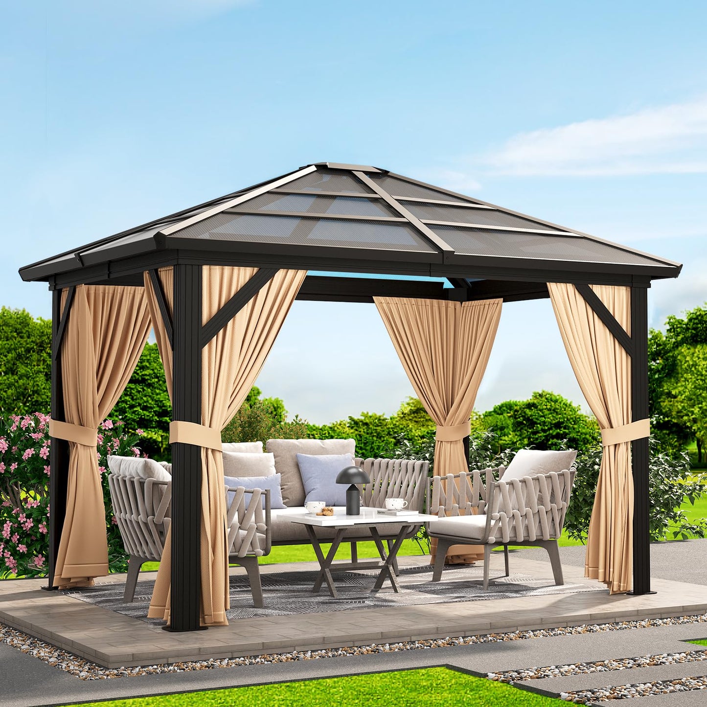 10'x12' Hardtop Gazebo, Outdoor Polycarbonate Single Roof Canopy, Aluminum Frame Permanent Pavilion with Curtains and Netting, Sunshade for Garden, Patio, Lawns