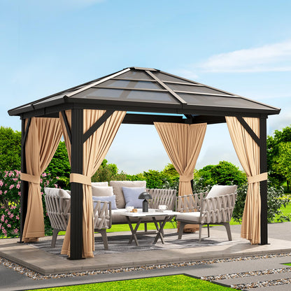 10'x12' Hardtop Gazebo, Outdoor Polycarbonate Single Roof Canopy, Aluminum Frame Permanent Pavilion with Curtains and Netting, Sunshade for Garden, Patio, Lawns