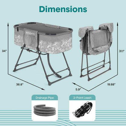 SereneLife Foldable Dog Bath Tub with Adjustable Height, 360° Access, Drain Hose & Storage Pockets – 130 lb Capacity Grooming Station for Indoor/Outdoor Use (Gray)