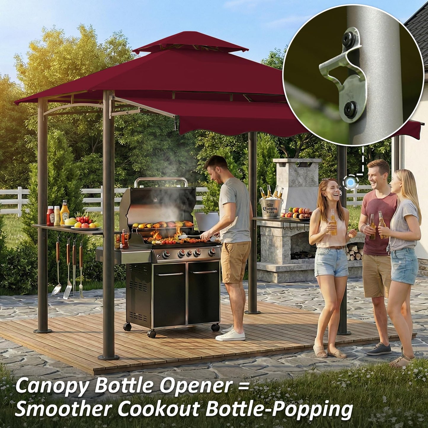 CHARMELEON 8x8 FT Grill Gazebo,Grill Canopy with Big Awning&2 Side Shelves&6 Hooks,Powder-Coated Steel BBQ Shelter for Patio Backyard Outdoor Grilling-Burgundy