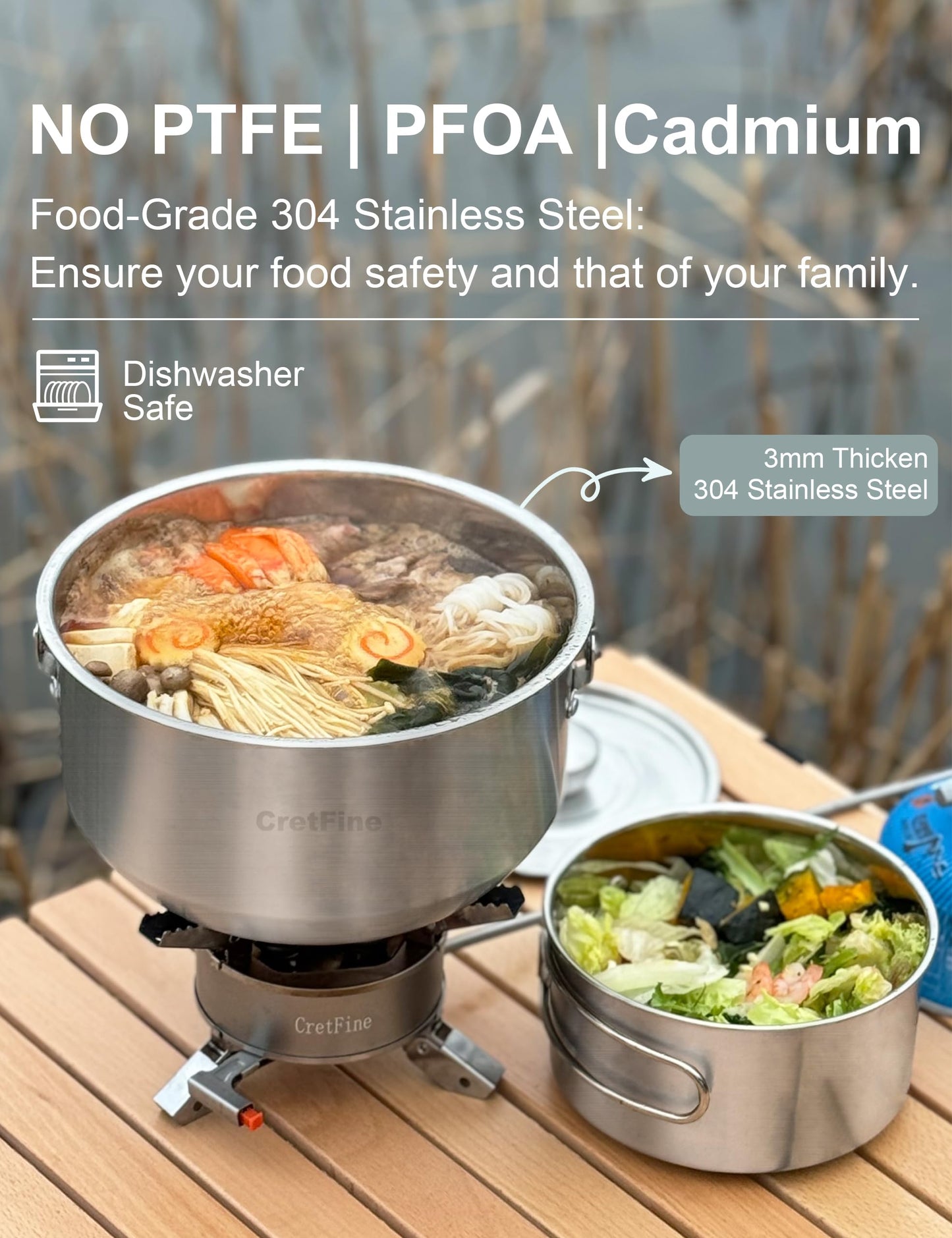 CretFine CompactKit Camping Cookware Set Stainless Steel Pots and Pan with Detachable Handle and Oxford Cloth Bag, for 4-8 Mess Kit with Utensils for Camp Kitchen, Picnic, BBQ, Traveling, Emergency