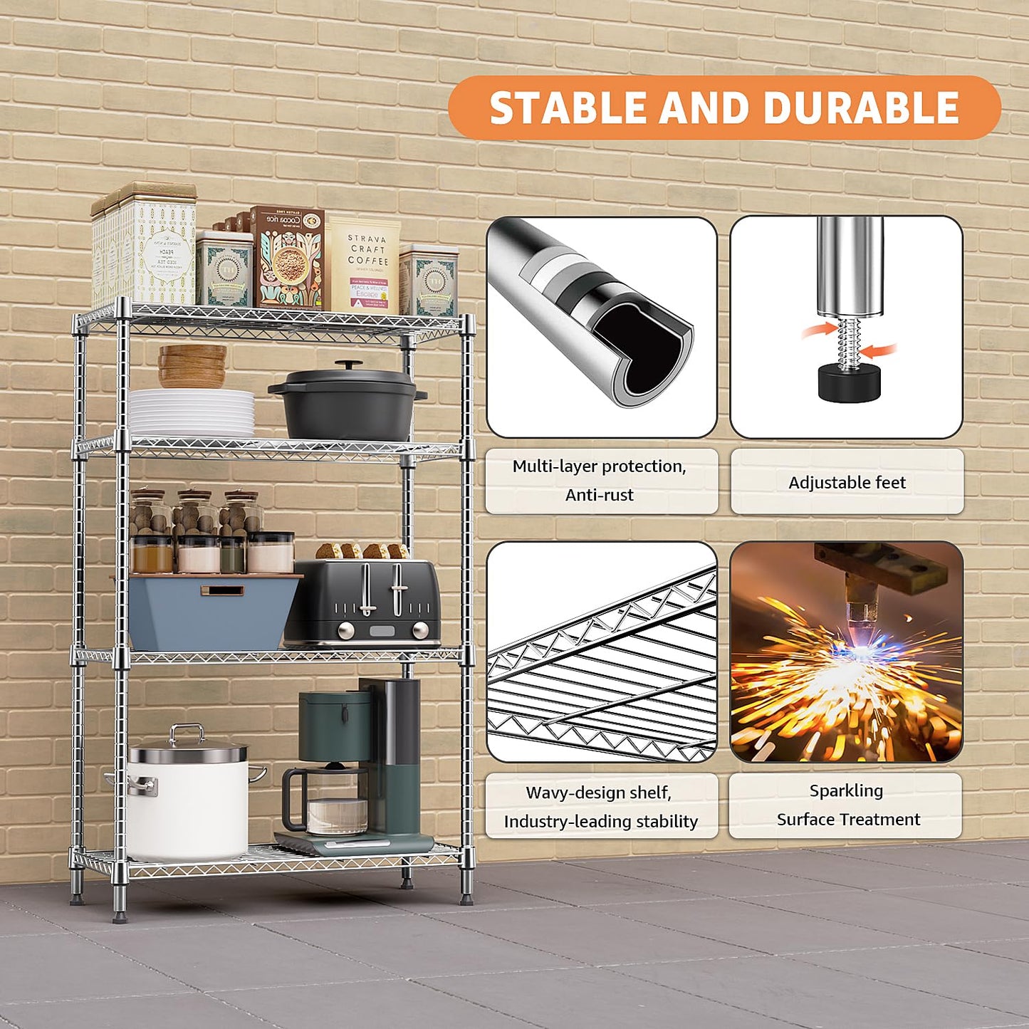 M MZG 5-Shelf Storage Shelves,Wire Shelving Heavy Duty Metal Storage Shelving Unit Adjustable Garage Shelving Rack Pantry Kitchen (Chrome, 4 Tier,15.8" D x 45.3" W x 59.4" H)
