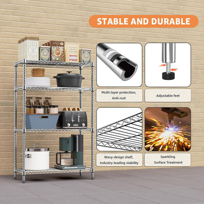M MZG 5-Shelf Storage Shelves,Wire Shelving Heavy Duty Metal Storage Shelving Unit Adjustable Garage Shelving Rack Pantry Kitchen (Chrome, 4 Tier,15.8" D x 45.3" W x 59.4" H)