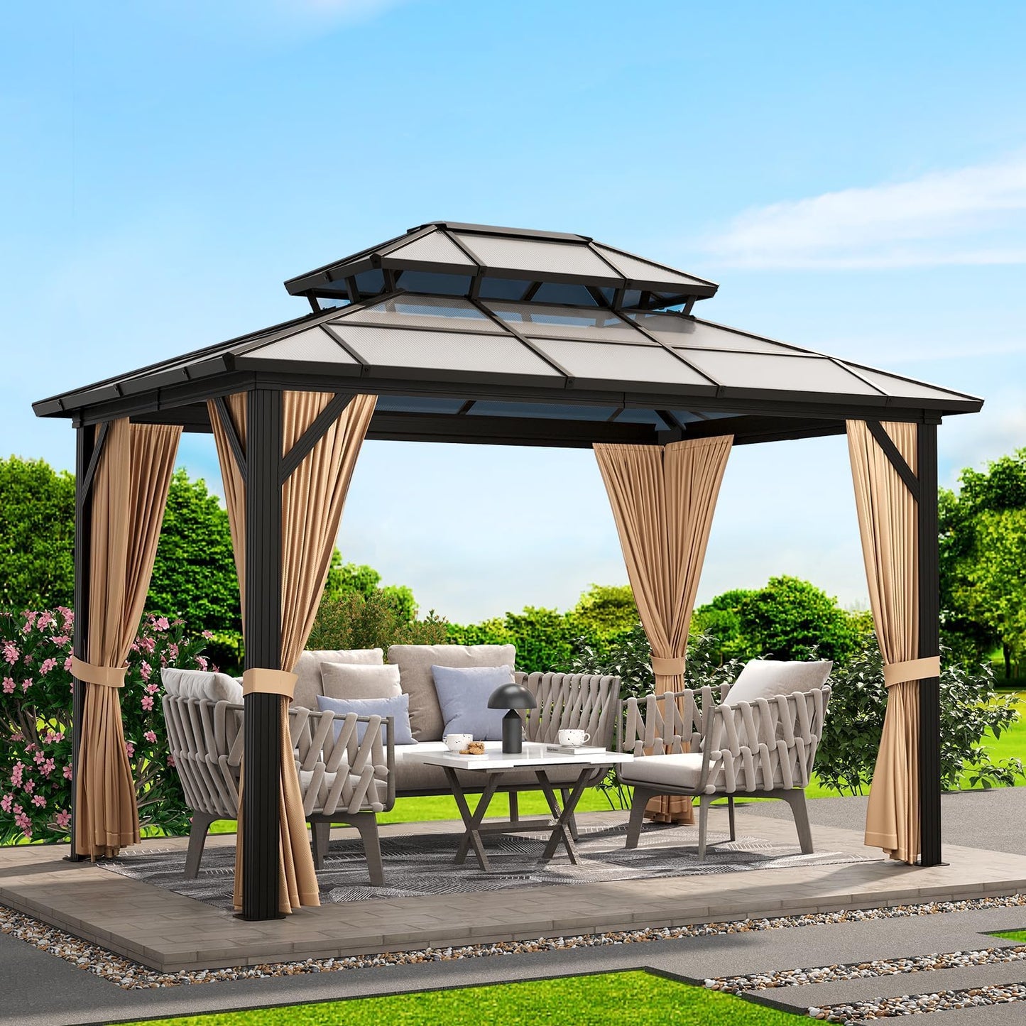 10x13 Hardtop Gazebo, Double Galvanized Steel Roof Outdoor Gazebo with Aluminum Frame, Curtains and Netting Included for Patio, Backyard, Garden Parties