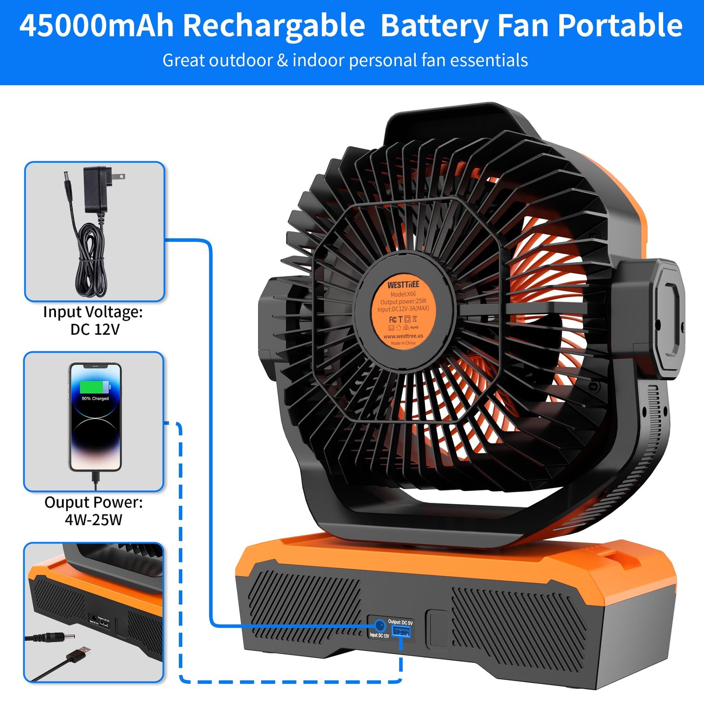 WESTTREE Battery Operated Large Airflow Fan,45000mAh Rechargeable Camping Cordless Fan with 360°Auto Oscillation & Timer, Queit Battery Powered Tent Fans Portable with RGBW Lights for Home X66 Orange