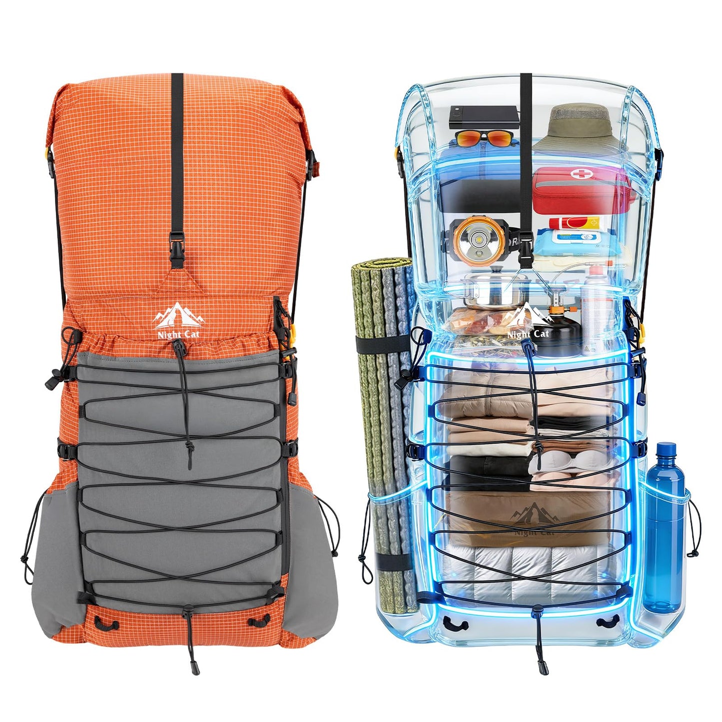 Night Cat Internal-frame Hiking Backpcack: 50L / 60L / 70L Roll Top Lightweight Travel Backpack with Rain Cover for Men Women Hiking Camping Backcpacking Orange Red