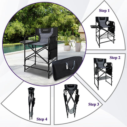 WKFAMOUT Tall Folding Directors Chair with Side Table 30.71" Seat Height Foldable Camping Chair Bar Stool for Makeup Artist Face Painting with Footrest and Storage Pocket Supports 350LBS