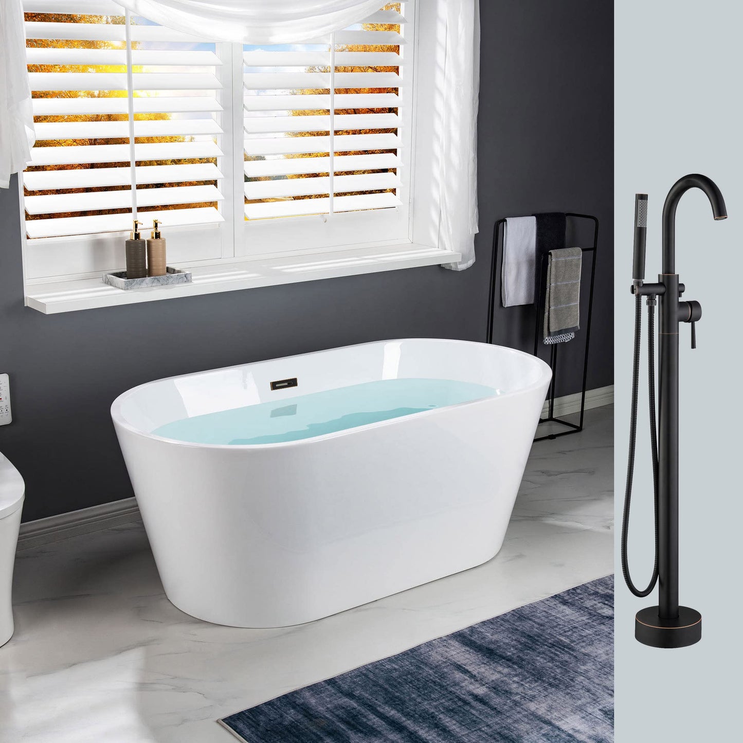 WOODBRIDGE 59"Freestanding White Acylic Soaking Bathtub with Drain Kit and Floor Mount Tub Filler in ORB,BTA1514 -ORB-Drain &O+F0010ORBRD