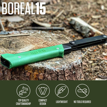 AGAWA - BOREAL15-15 Inch Folding Saw with All-Purpose Saw Blade - Camping Gear For Hiking, Fishing, Hunting, Bushcraft & Survival Kit (Black Frame/Green Handle)
