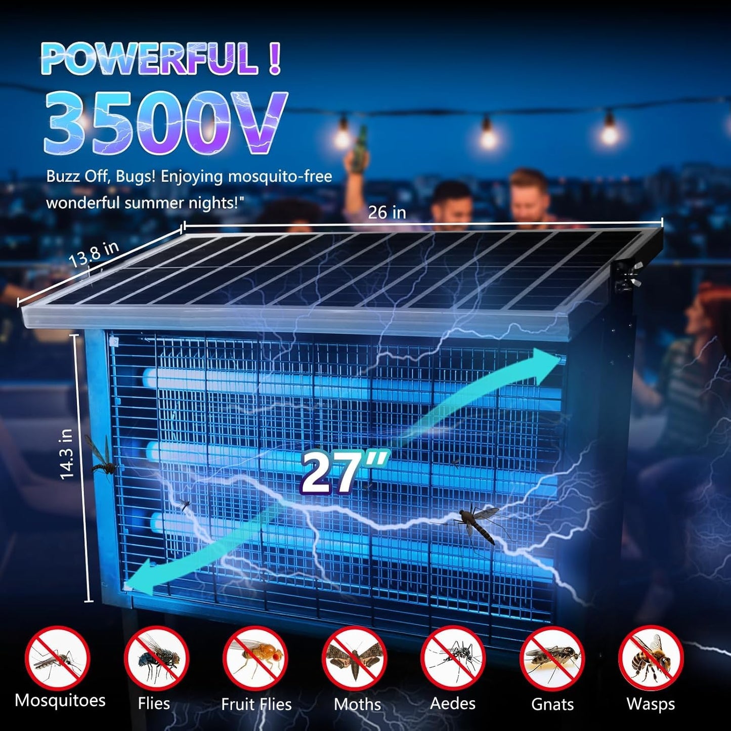 Powerful Super Large Solar Bug Zapper Outdoor for 8000 sq.ft, Rechargeable Solar Mosquito Zapper with High Powered, Outdoor Bug Zapper for Patio Garden Backyard RV Camping with 30W Solar Panel