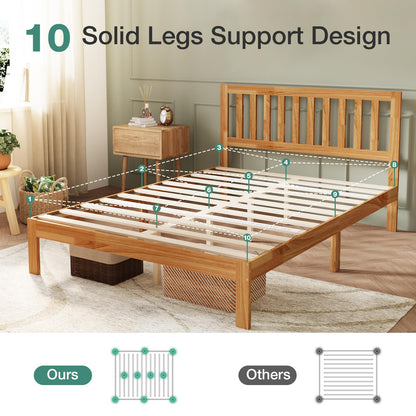 Novilla Queen Bed Frame with Headboard, Solid Wood Bed Frame Foundation with Wood Slat Support, No Box Spring Needed, Easy Assembly, Oak