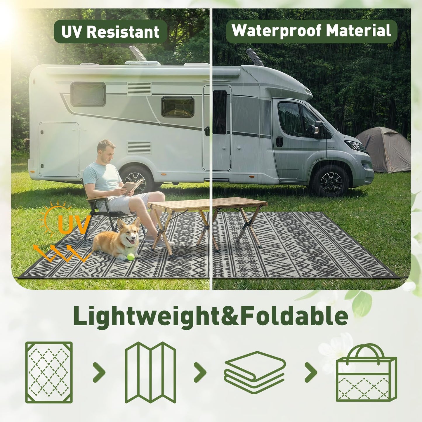 MontVoo Outdoor Rug Carpet Waterproof 10x14 Outdoor Patio Rug Mat Reverisble Plastic Straw Outdoor Rugs for RV Camping Picnic Beach Balcony Boho Grey Large