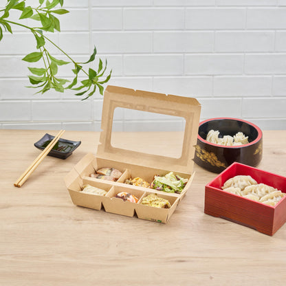 Restaurantware Take Out Box 200 Pack of 23 oz Paper 6-Compartment Food Container Grease-Resistant with Window Kraft Bento Box for Cookies, Sandwiches, Takeaway