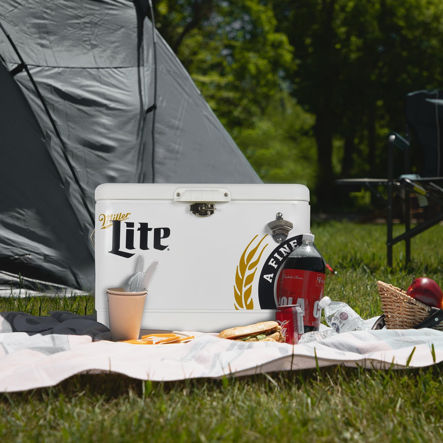 Miller Light Ice Chest Cooler - Portable Ice Bucket with Bottle Opener, Vintage Style, Insulated for Camping, Beach, Picnic, RV, BBQs, Tailgating, Fishing, Steel-Belted, 85 Can Ice Box, 51L (54 qt)
