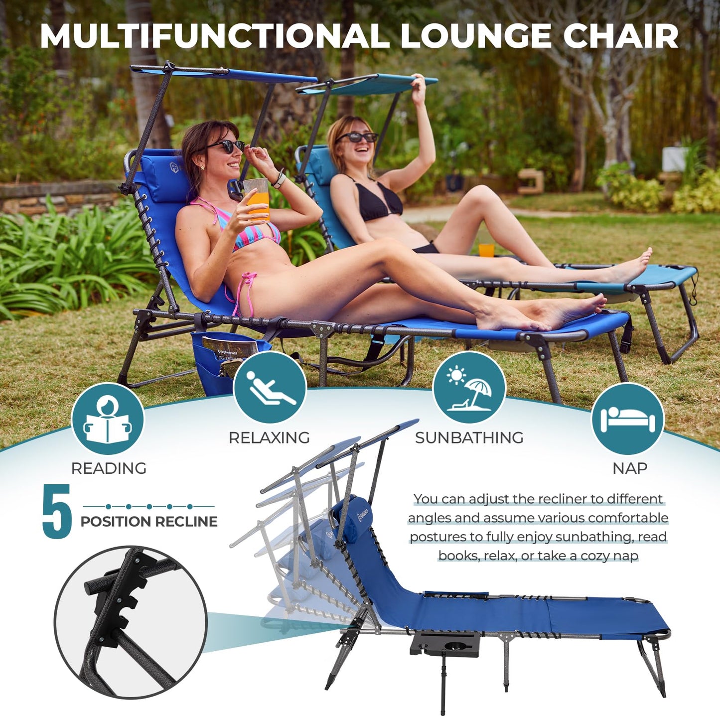 FUNDANGO 4 in 1 Tanning Chair with Face Hole, Beach Lounge Chair with Canopy Shade & Side Table Chaise Lounge Chairs for Patio, Pool, Lawn, Sunbathing, 5-Position Adjustable Sun Lounger, Blue
