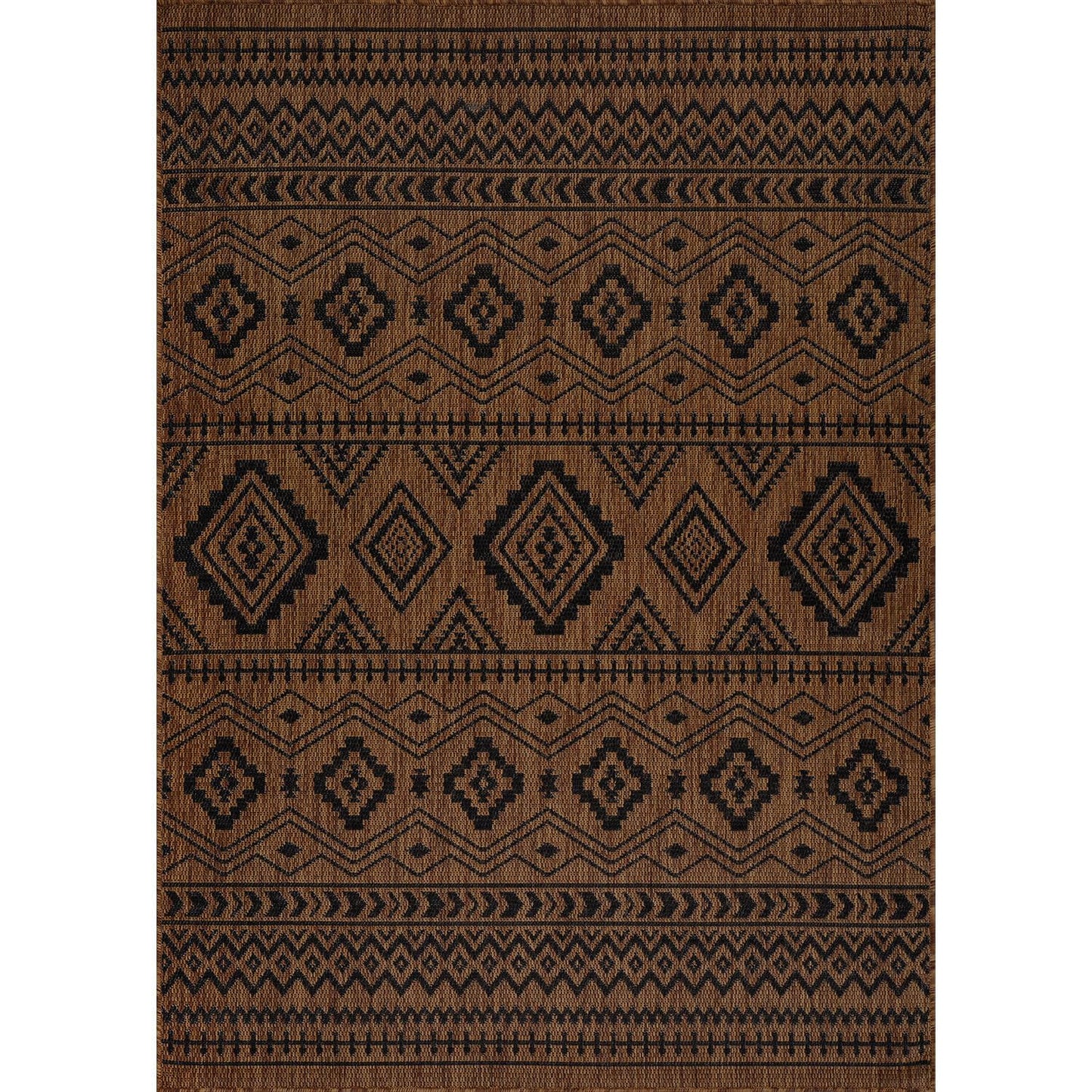 Beverly Rug Waikiki Boho Indoor Outdoor Rug 9x12, Washable Outside Carpet for Patio, Deck, Porch, Bohemian Area Rug, Farmhouse Rugs, Aztec Tribal Rug, Nut Brown and Black