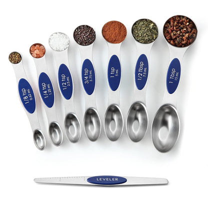 Spring Chef Stainless Steel Magnetic Measuring Spoons Set of 8 with Leveler, Heavy Duty Teaspoon & Tablespoon Measuring Spoons With Strong N45 Magnets, Kitchen Gadgets for Baking & Cooking - Sapphire