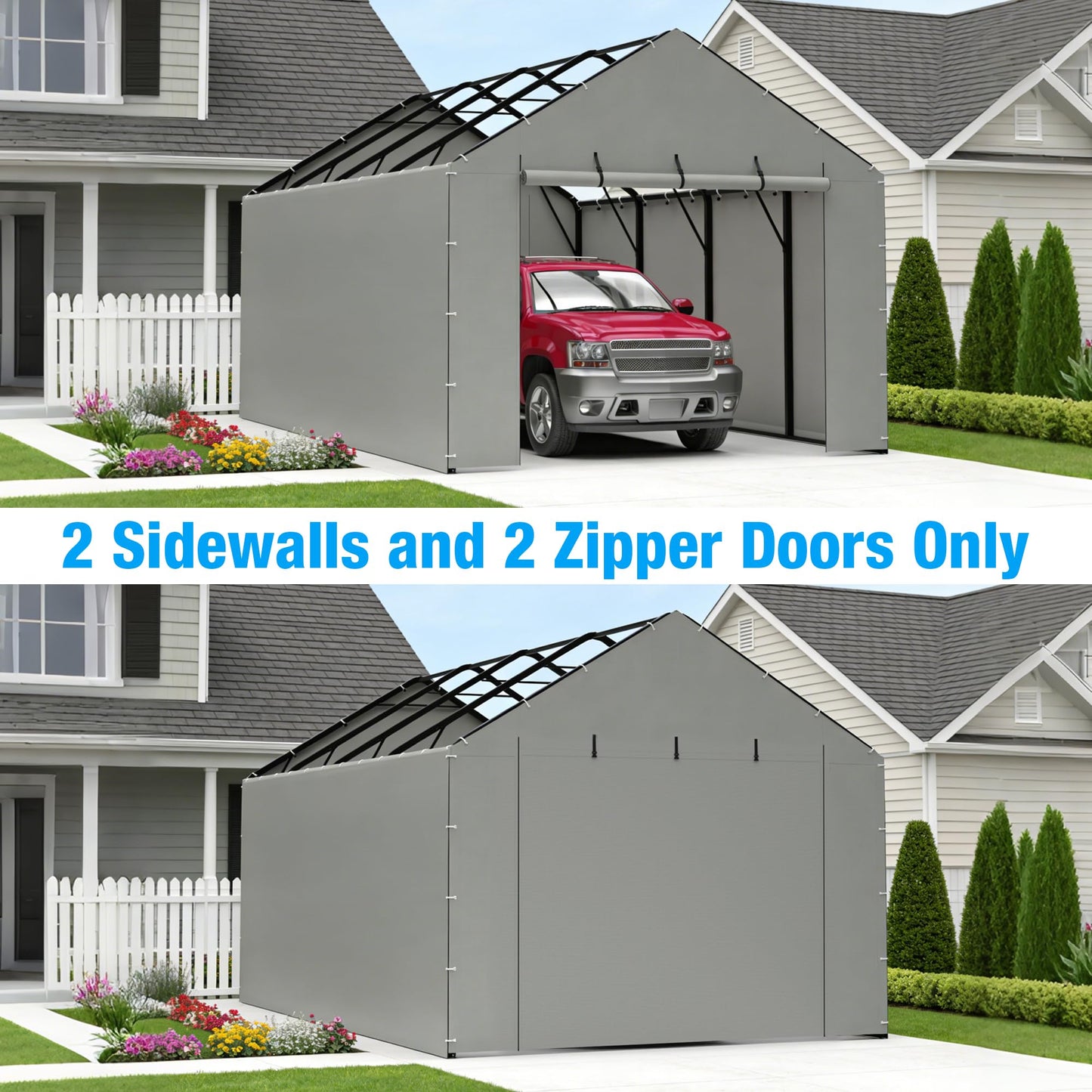 FLOUREE Metal Carport Replacement Sidewall Panel Kit for 12x20 FT, 2 Pack Sidewalls & 2 Pack Zipper Doors,220g PE Tarp, Roll-Up Carport Door Panels, Waterproof UV Resistant, Frame Not Included,Grey