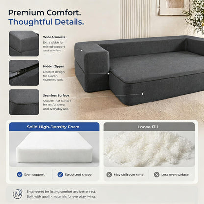 HonTop 8 Inch Folding Sofa Bed Couch, Queen Size Memory Foam Convertible Futon Sleeper Chair for Bedroom Living Room Guest, No Assembly Fold Out Sofa, Dark Grey