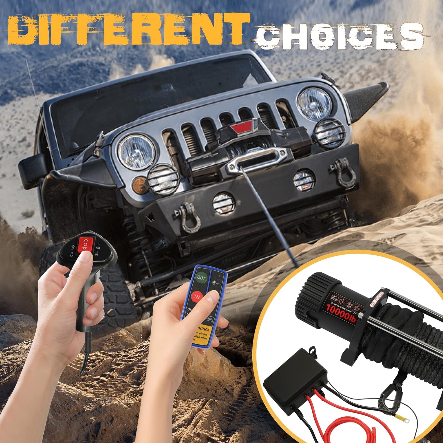 WildGear 10000LB Electric Winch 12V Series Wound Motor Synthetic Rope Wired & Wireless Remote Control Waterproof Trailer Winch for Jeep Off Road SUV Truck Boat