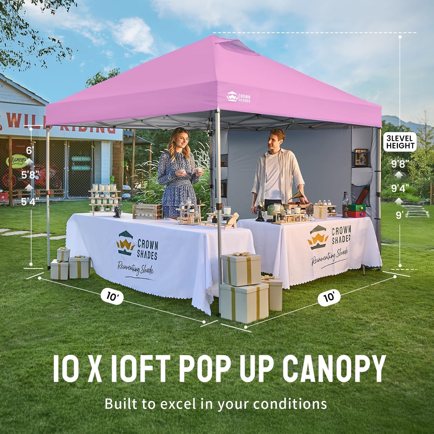 CROWN SHADES Canopy Tent, 10 x 10 Foot Portable Pop Up Outdoor Shelter with Pocket Sidewall, Push Center Lock, UV Protection, and Carry Bag, Pink