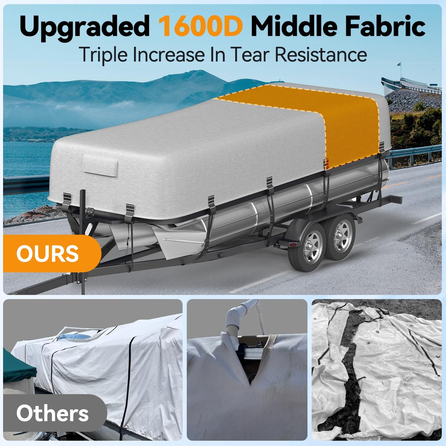5-Ply 1600D+1200D Pontoon Boat Cover - Fully Waterproof & Ultra-Durable Tear-Resistant, with Large Storage Bag & Reinforced Windproof Straps (Fits 21'-24' Length, Up to 102" Beam Width)