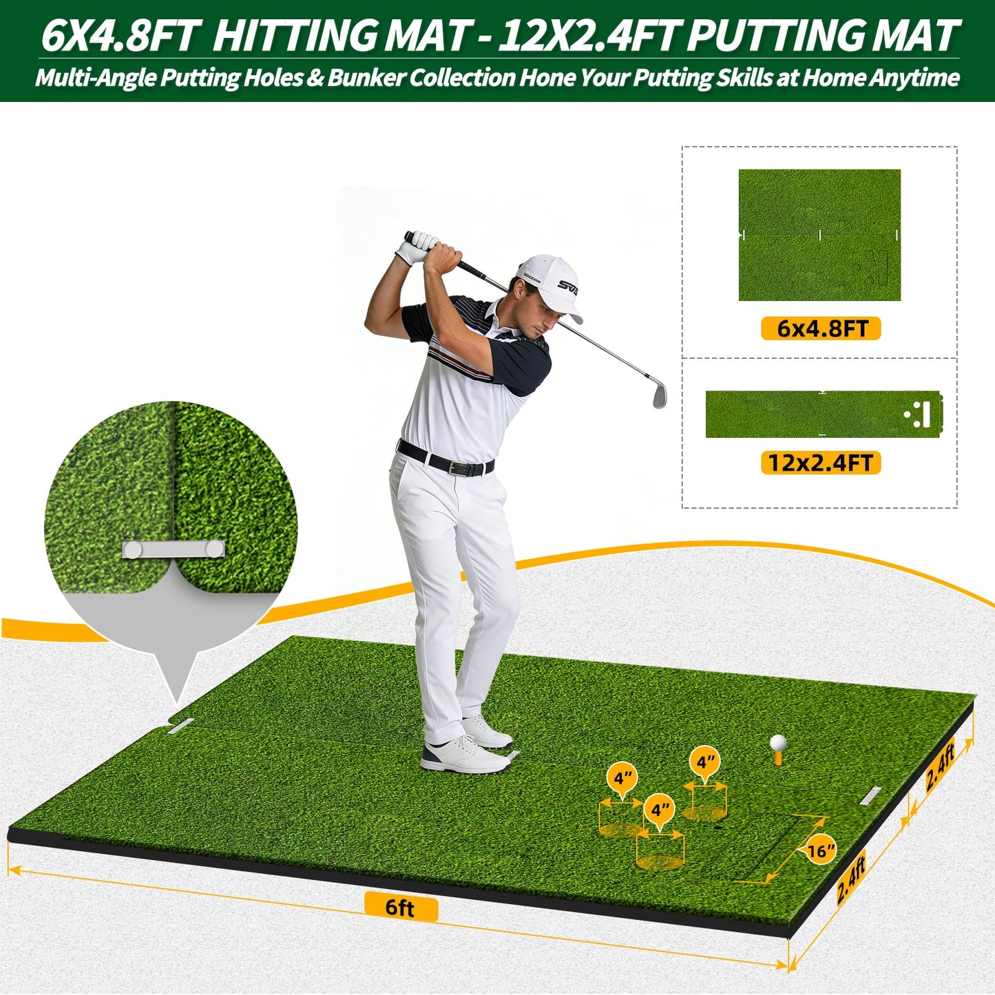 6x4.8ft Golf Hitting Mat for Indoor Outdoor Practice, High-Elasticity Golf Practice Driving Range Turf Mat, Convertible 2IN1 Golf Hitting & Putting Mat for Garage Simulator Training, Gifts for Men/Dad