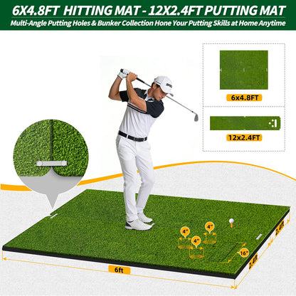 6x4.8ft Golf Hitting Mat for Indoor Outdoor Practice, High-Elasticity Golf Practice Driving Range Turf Mat, Convertible 2IN1 Golf Hitting & Putting Mat for Garage Simulator Training, Gifts for Men/Dad