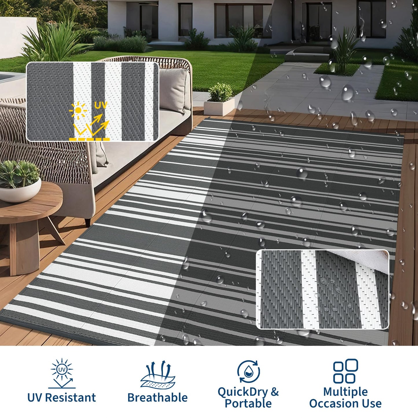 GarveeHome Outdoor Rug Mat for Patio, 9x18 Plastic Straw Rug, Modern Striped Outdoor Camping Rugs for Patio, RV, Porch, Deck, Backyard, Balcony, Camping, Trailer (Grey)
