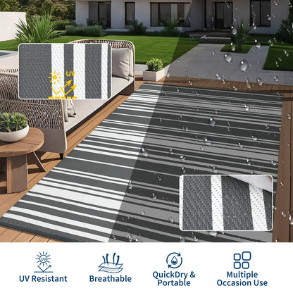 GarveeHome Outdoor Rug Mat for Patio, 9x18 Plastic Straw Rug, Modern Striped Outdoor Camping Rugs for Patio, RV, Porch, Deck, Backyard, Balcony, Camping, Trailer (Grey)