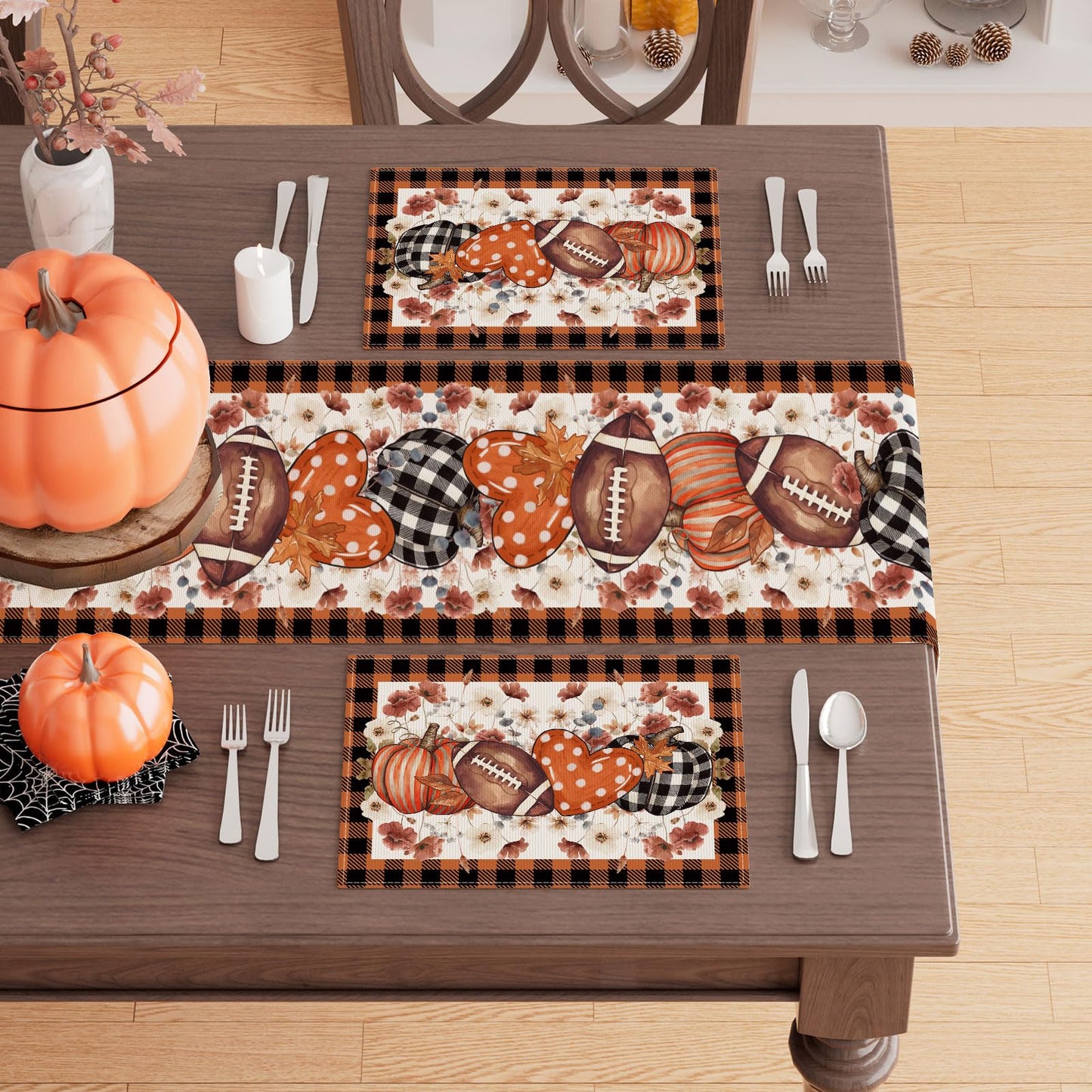 XCHI Fall Football Pumpkin Love Heart Flowers Plaid Placemats Set of 6 Table Mats for Party Home Kitchen Dining Table Decorations 12x18 Inch