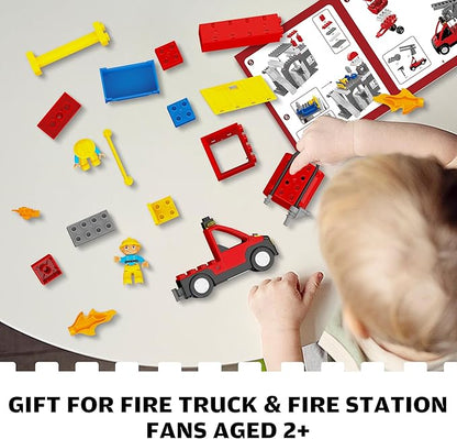 Fire Station Playset Fire Trucks for Toddlers 3-5 Classic Big Building Blocks Compatible with Lego Fire Station and DUPLOs for Age 3-5 Firefighter Gifts Firetruck Toys 3-5 Years Old