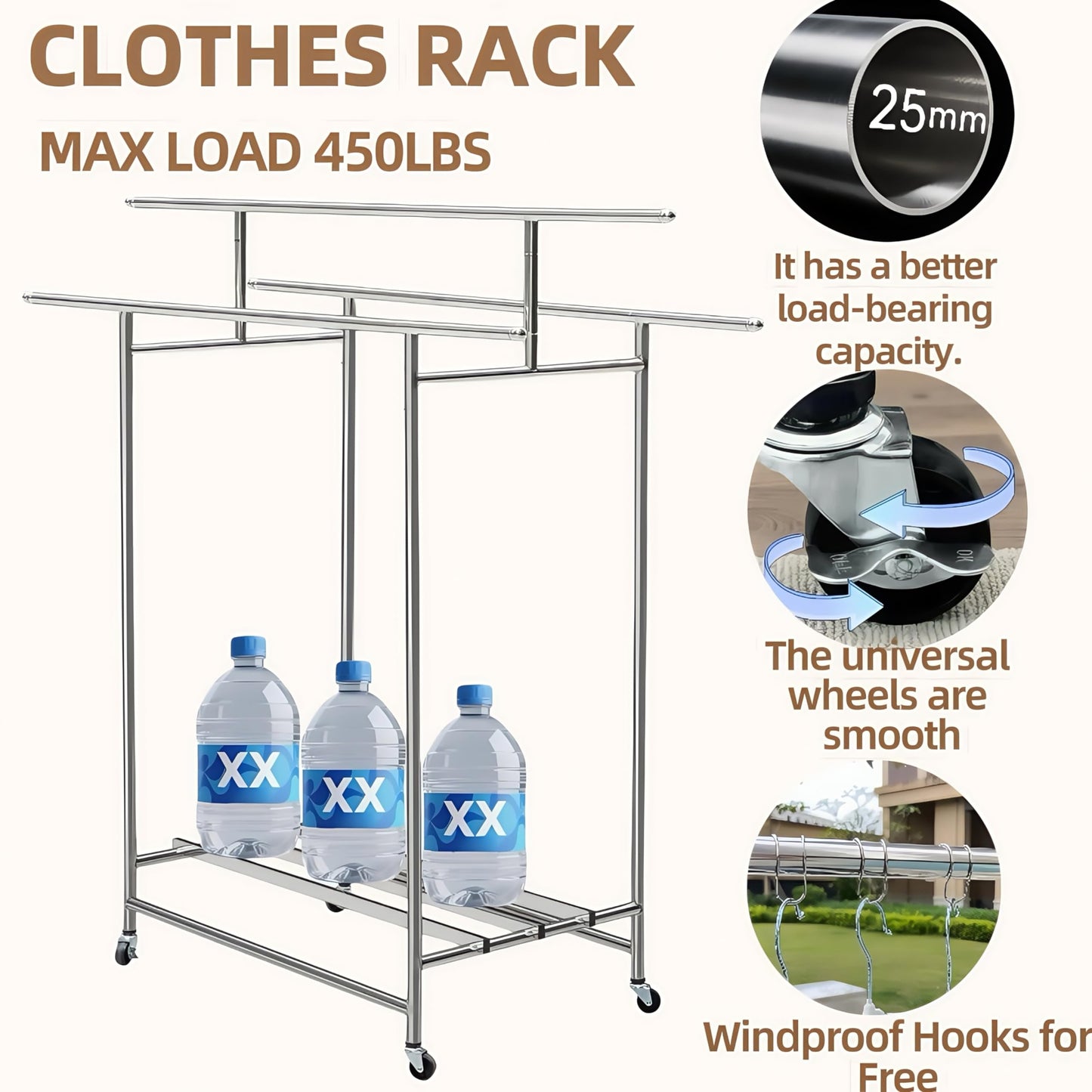 Roeveca Stainless Steel Clothes Rack, 3-Rod Garment Rack for Hanging Clothes with 4 Wheels Load 600 LBS