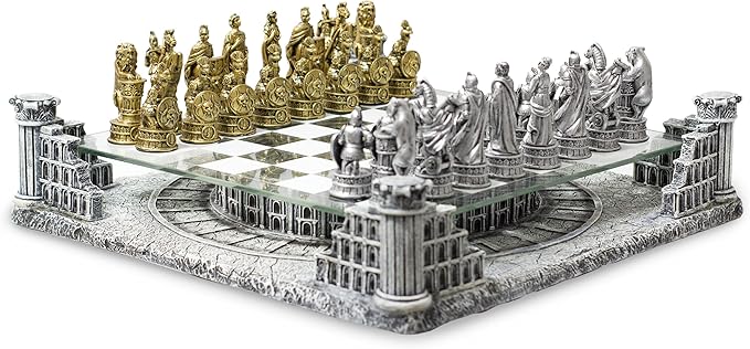 BB Brother Brother Ancient Roman Gladiators 3D Chess Board Game Set Glass Board Handmade Gold and Silver Polyresin Chess Pieces for 2 Players