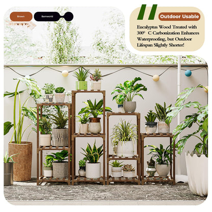 Bamworld Plant Stands Indoor 4 Sets Plant Shelves Outdoor Wooden Plant Holder for Multiple Plants Flower Stands for Living Room Balcony Garden Patio Lawn Window