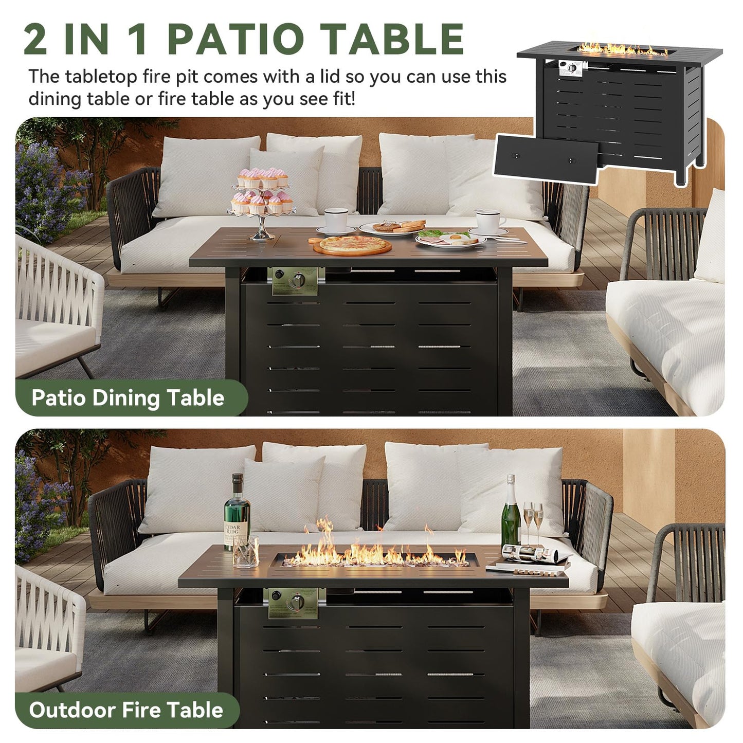 Aoxun 41 Inch Propane Fire Pit–50,000 BTU Gas Fire Pit Table with Removable Lid & Lava Rocks, Rectangle Firepit Table for Outside, Patio, Deck, Backyard, Black