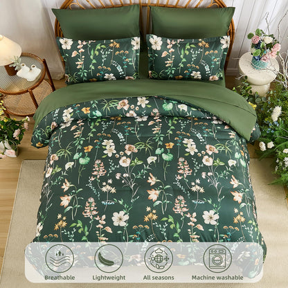 DJY Queen Comforter Set, Green Botanical Floral Bedding Comforter Sets Queen Size for All Seasons, 7 Pieces Bed in a Bag Lightweight Microfiber Comforter Set with Sheets Pillowcases & Shams