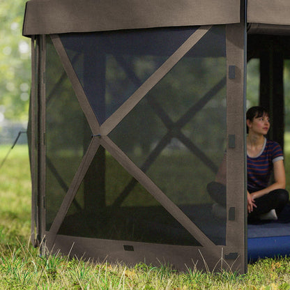 Outsunny 12' x 12' Hexagonal Pop Up Gazebo Tent with 5 Sidewalls, Waterproof Portable Outdoor Canopy Shelter with Curtains, Carry Bag, 5 Ropes, 11 Stakes for Camping, Garden, Patio, Brown